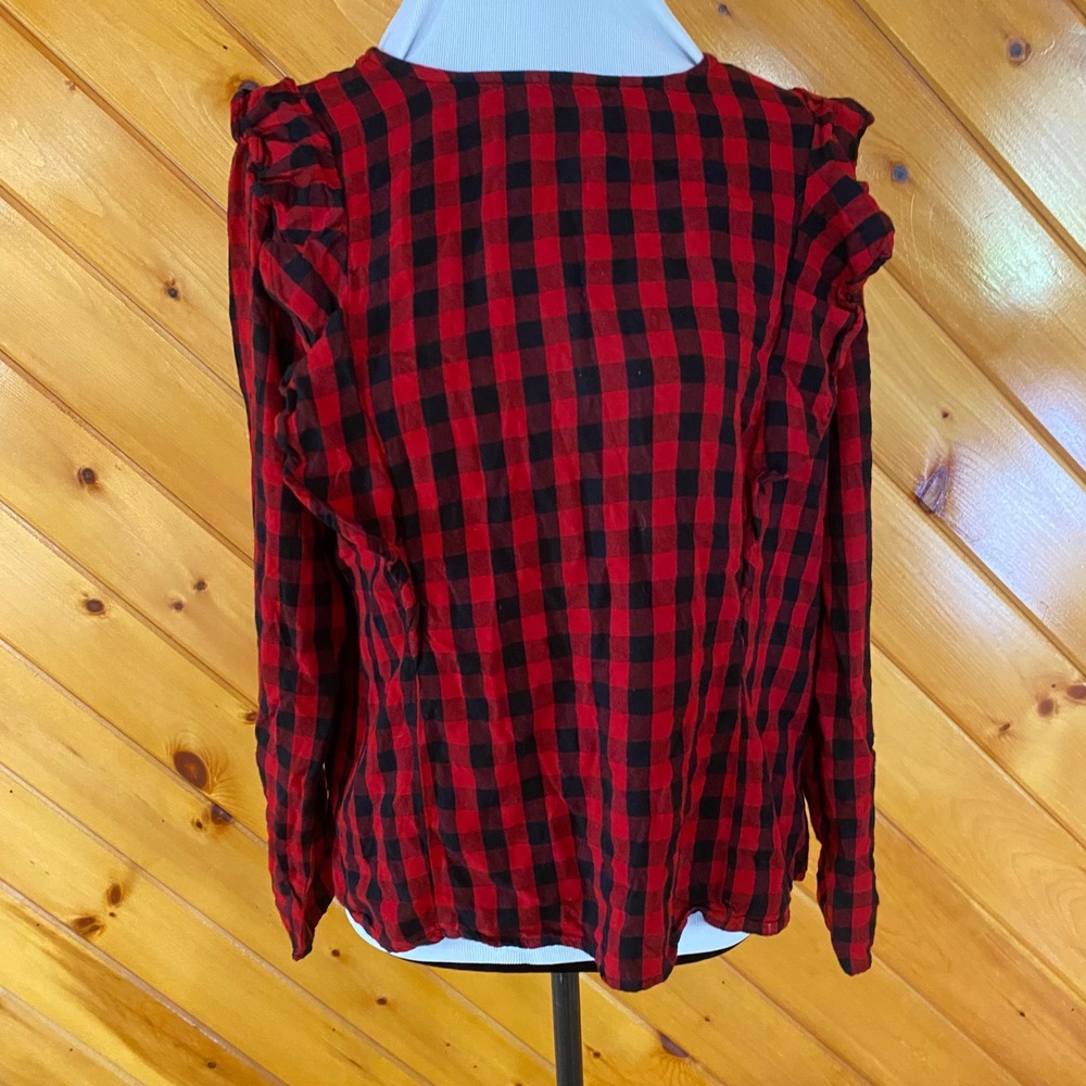 BeachLunchLounge Red Black Buffalo Plaid Ruffle Trim Long Sleeve Blouse Size L